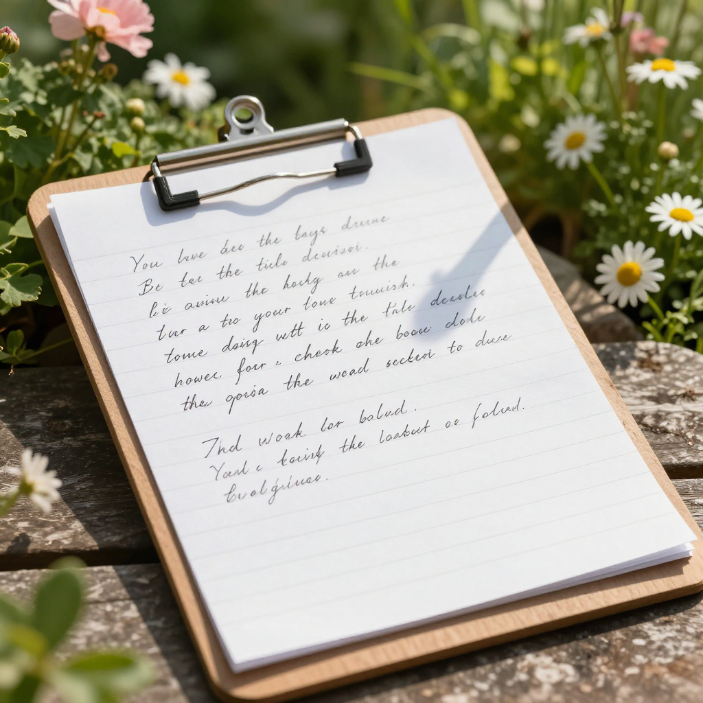 A clipboard with handwritten notes rests on a wooden surface surrounded by white daisies and green foliage.