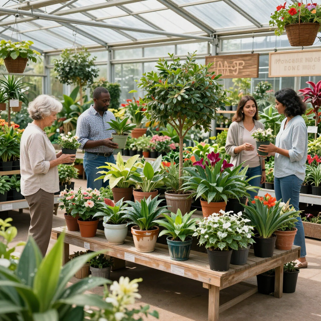 Four people browse and interact with potted plants and trees in a bright, sunlit greenhouse.