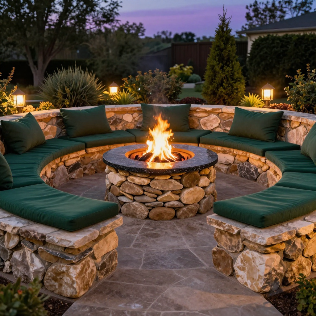 A circular stone fire pit sits in the center of a curved stone bench with green cushions in a landscaped backyard at dusk.