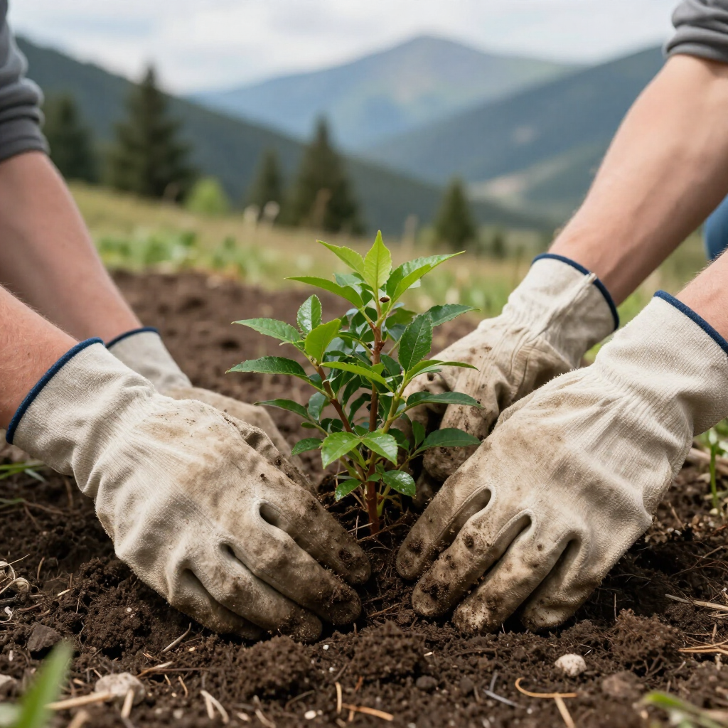 Two pairs of gloved hands plant a small sapling in dark soil with a mountain landscape in the background.