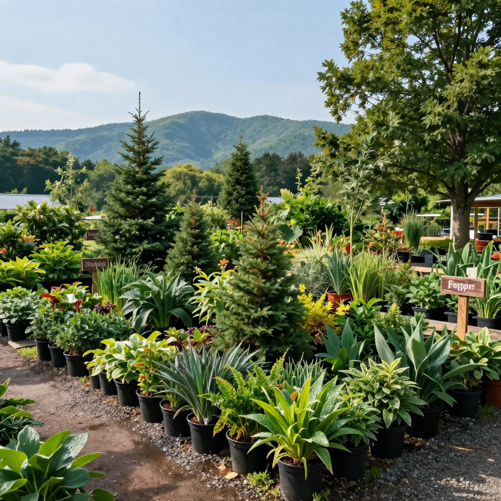 A nursery with rows of potted plants, shrubs, and small evergreen trees, with mountains visible in the background.