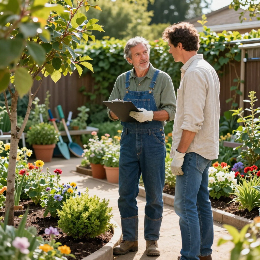 Two people in a garden store discuss plants, with one holding a clipboard, standing on a paved walkway among potted flowers.