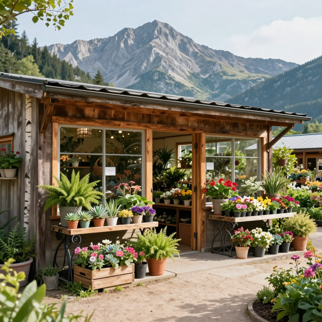 A rustic flower shop stall with lush potted plants and vibrant flowers, set against a scenic backdrop of mountains.