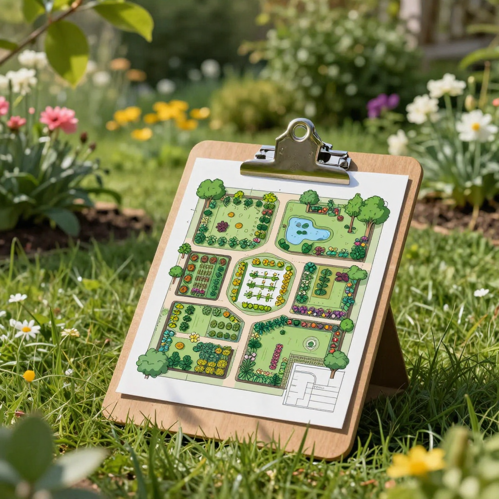 A clipboard sits in a green garden, holding a colorful, grid-style illustration of a planned garden layout.