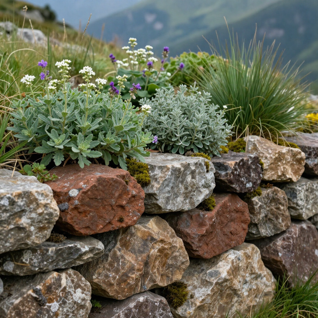 A stone retaining wall filled with alpine wildflowers, silver foliage, and grasses, set against a mountain landscape.