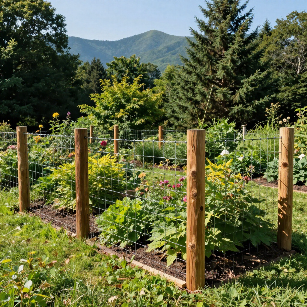 A fenced garden bed filled with lush green plants and colorful flowers, set against a backdrop of trees and mountains.