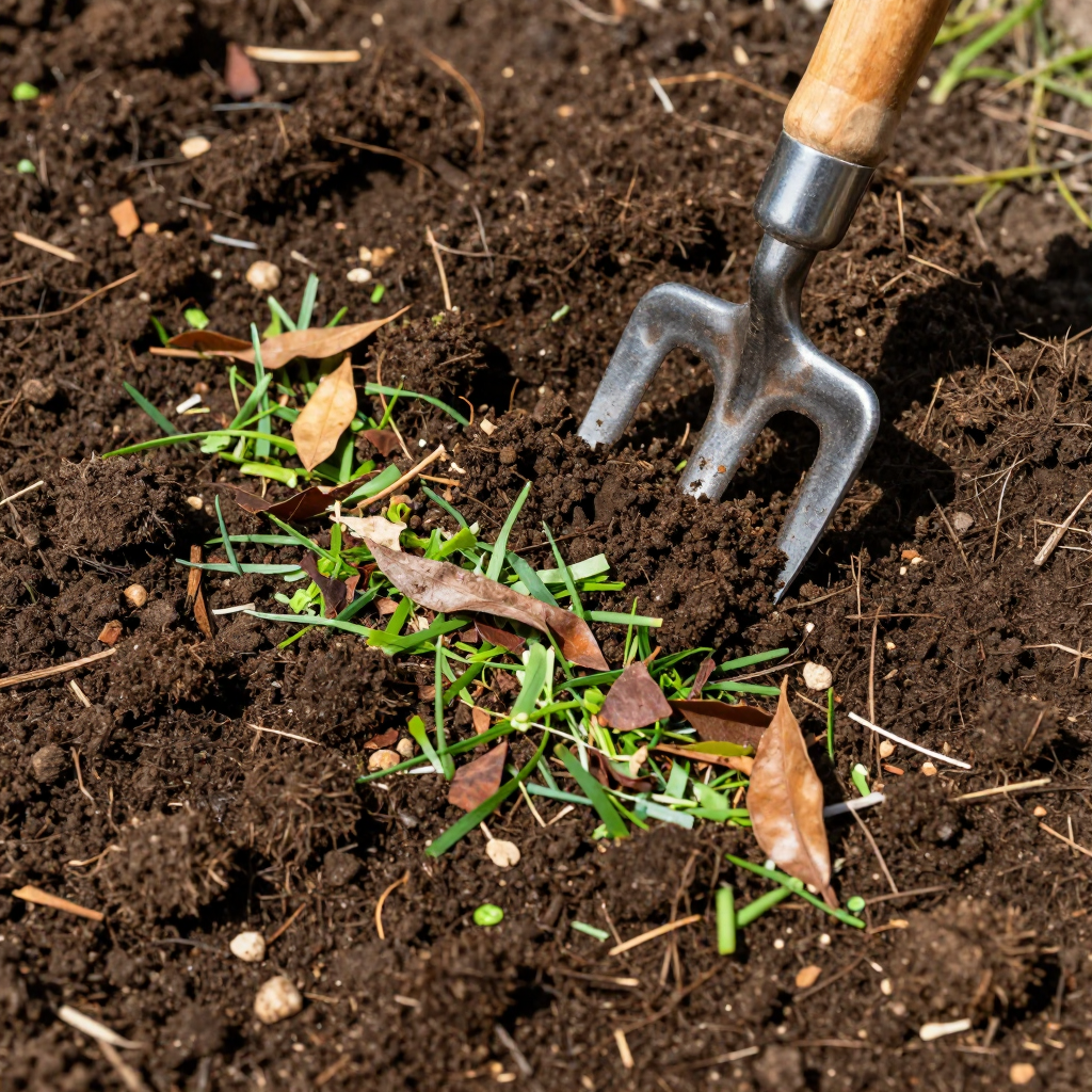 A hand-held metal gardening claw digs into dark, moist soil containing patches of green grass and fallen leaves.