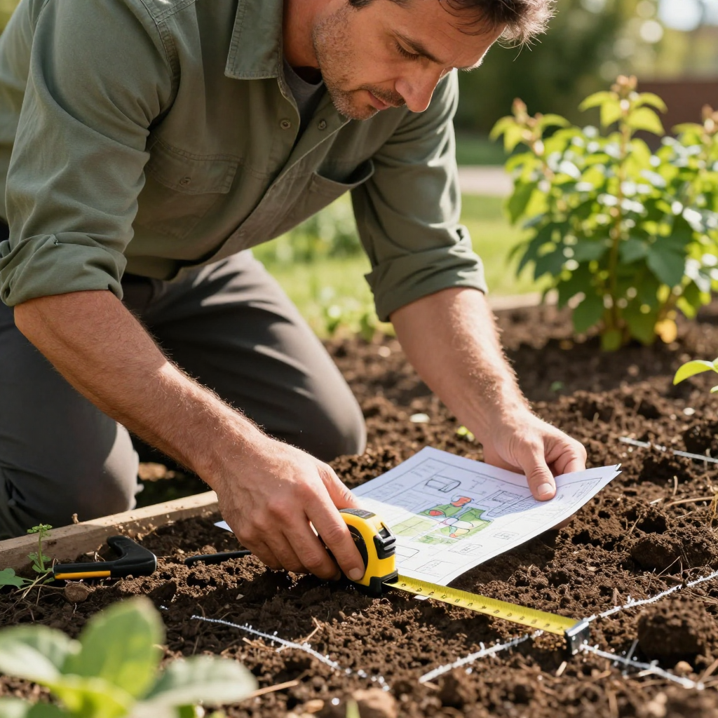 A person kneeling in a garden bed, using a tape measure to reference a garden layout plan on paper.