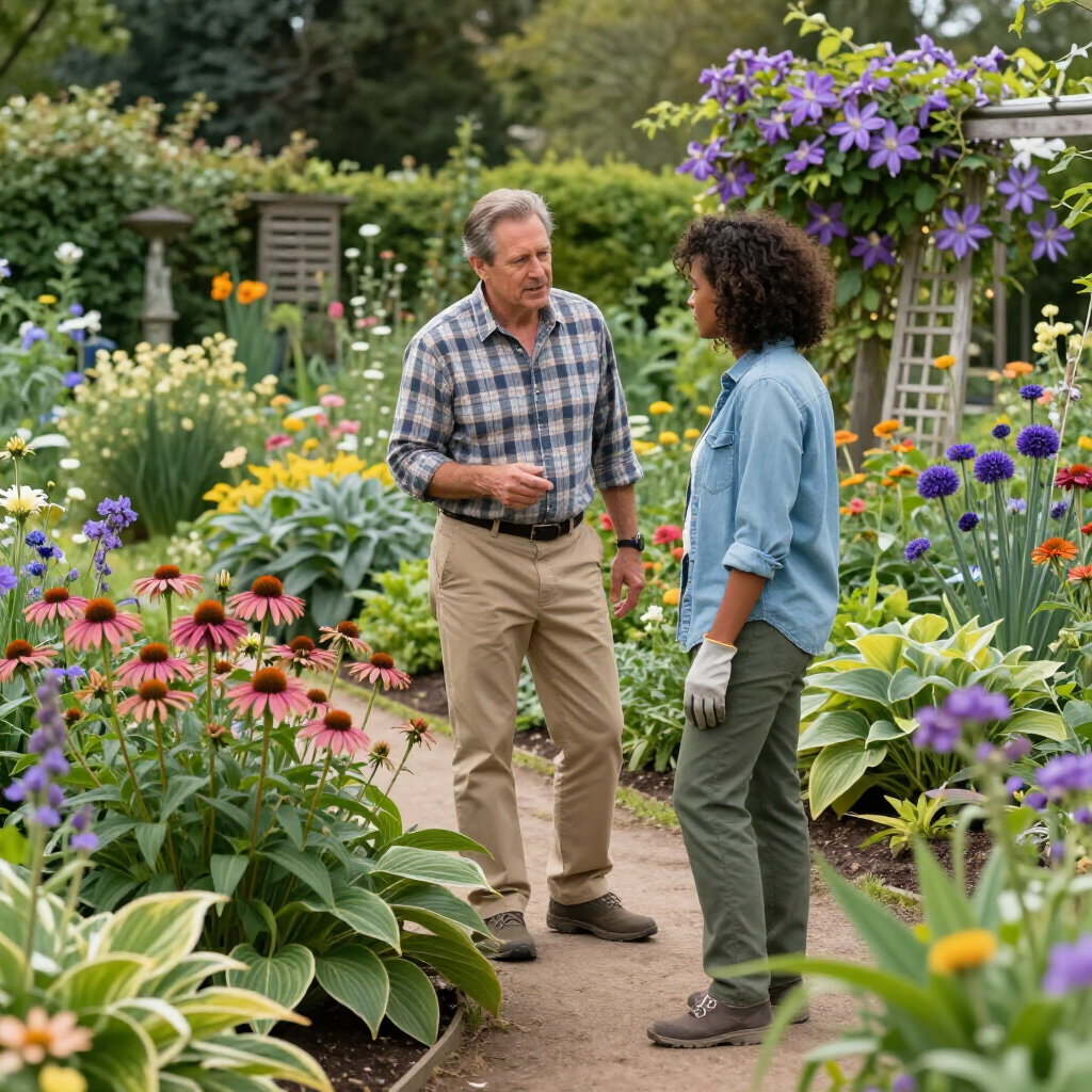 Two people stand on a path in a lush garden, talking amidst various colorful flowers and green plants.
