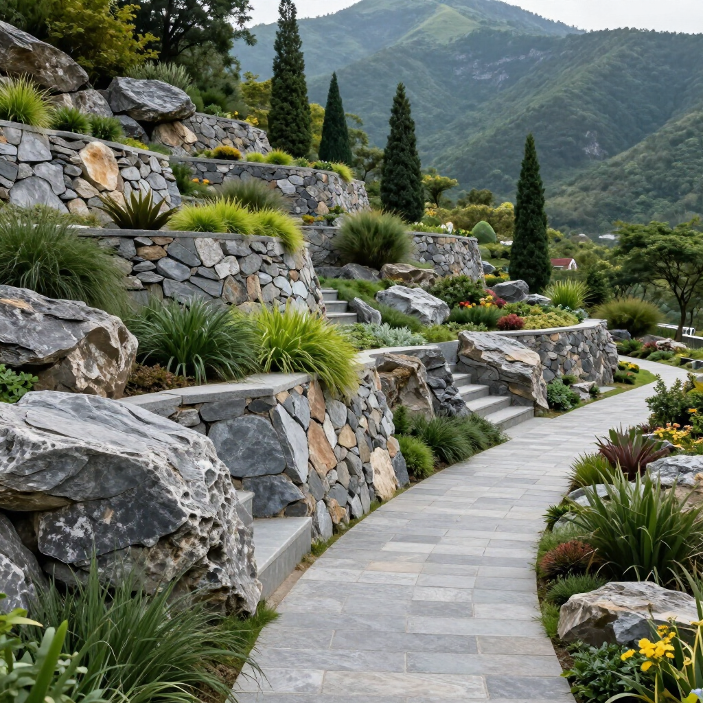 A stone-paved path winds through a landscaped hillside with tiered rock walls, lush green plants, and tall cypress trees.