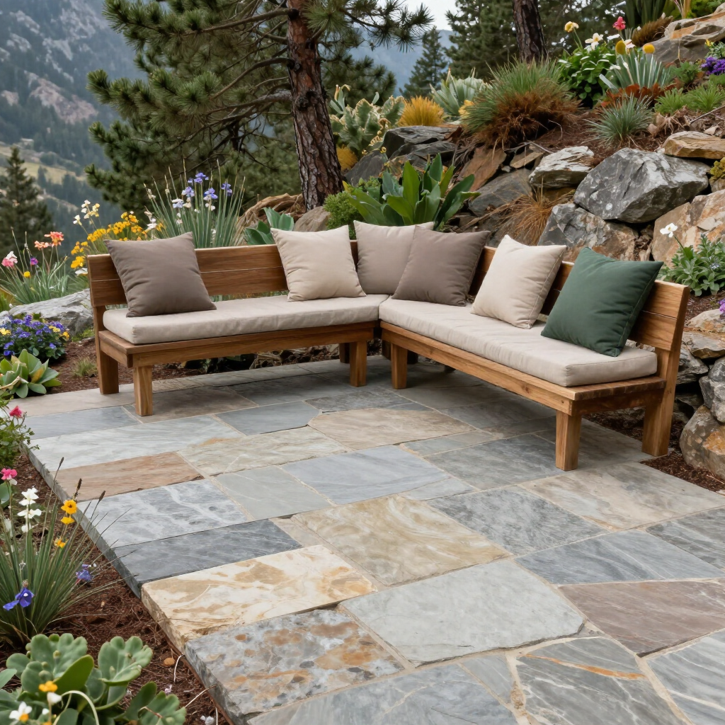 An L-shaped wooden outdoor bench with neutral cushions and colorful pillows sits on a flagstone patio in a hilly garden.