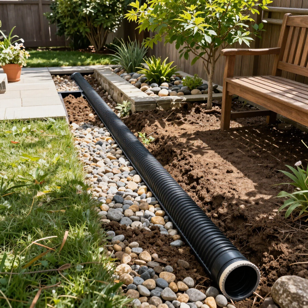 A black corrugated drainage pipe lies along a stone-lined trench in a garden bed next to a patio and a wooden bench.