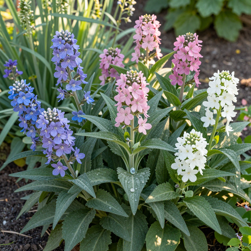 A cluster of multi-colored phlox flowers in shades of blue, pink, and white growing in a garden bed.