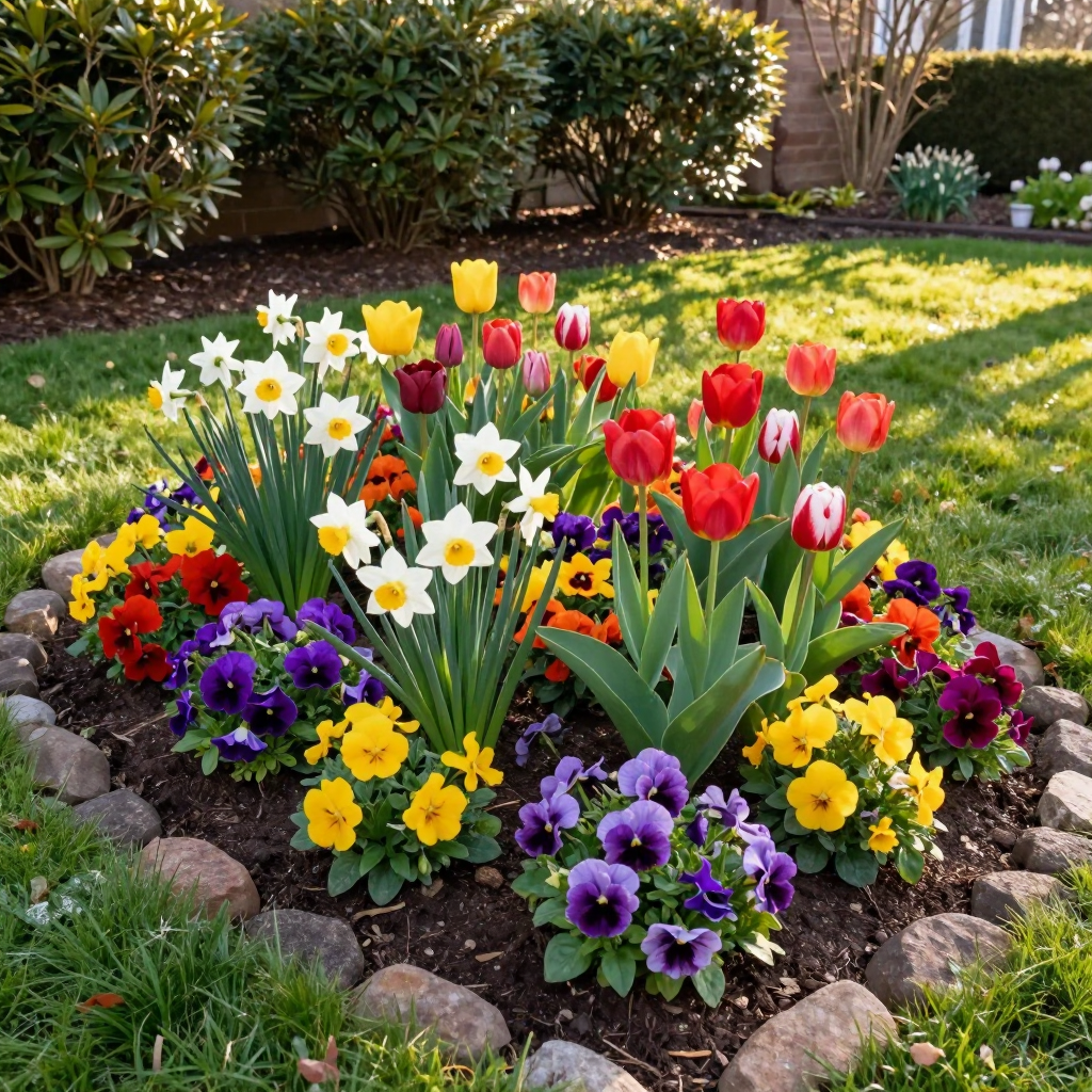 A garden bed of colorful tulips, white daffodils, and purple and yellow pansies, bordered by stones on a grassy lawn.