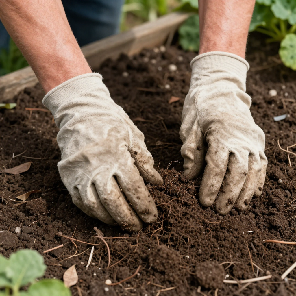 Close-up of hands in dirty work gloves digging into dark garden soil.