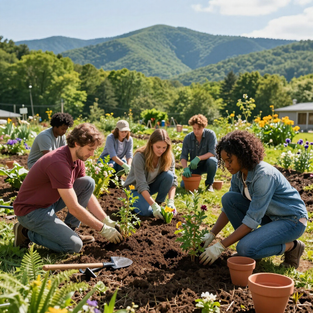 A group of people wearing gardening gloves work together to plant flowers in a soil bed against a mountain backdrop.
