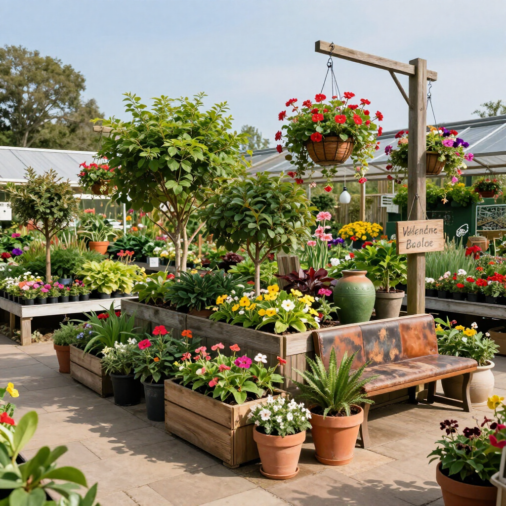 A sunny outdoor nursery displays a variety of potted flowering plants, small trees, and hanging baskets on wooden benches.