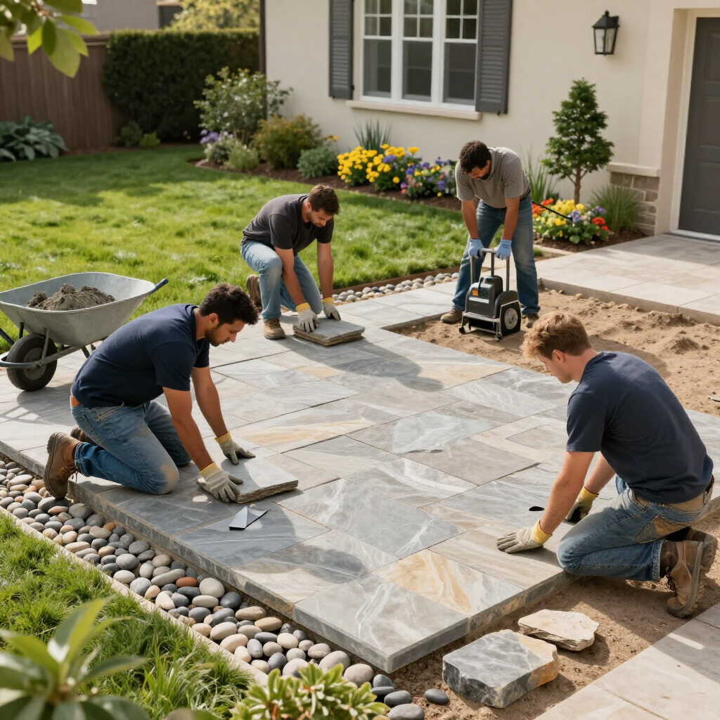 Four people work together on a sunny day to install large stone pavers on a patio next to a house.