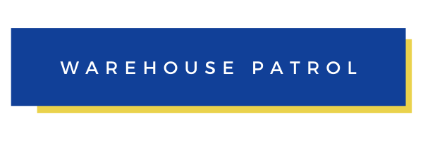 Warehouse Patrol logo on a blue rectangle with a yellow underline