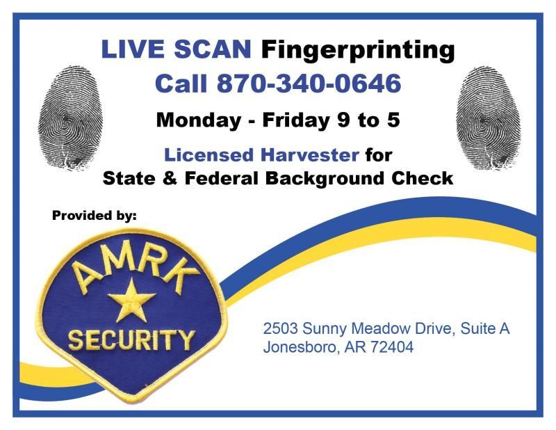 AMR Security flyer for live scan fingerprinting, background checks, and contact info in blue and gold