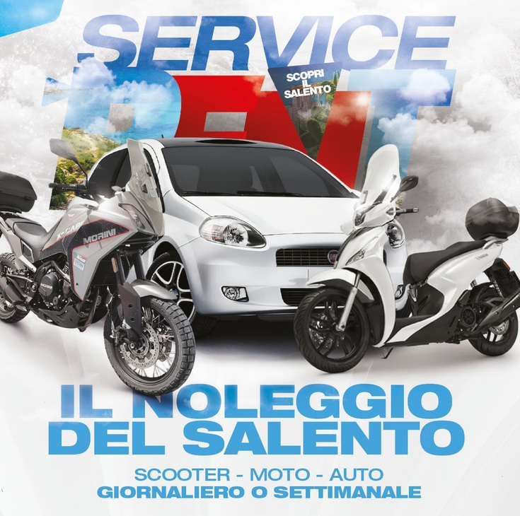 Annuncio di noleggio di scooter, motociclette e auto con veicoli bianchi e testo blu su sfondo nuvoloso.