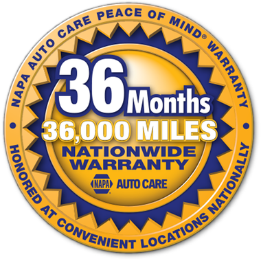 NAPA Auto Care nationwide warranty badge: 36 months/36,000 miles, gold and blue seal | Pine Island Auto