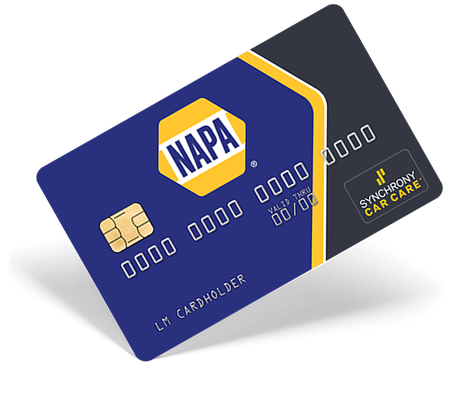 Blue NAPA auto care credit card with gold chip and yellow logo on a white background | Pine Island Auto