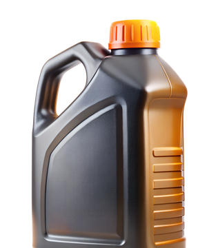 Black plastic motor oil jug with an orange cap on a white background | Pine Island Auto