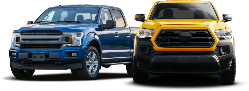 Blue and yellow pickup trucks side by side on a white background | Pine Island Auto