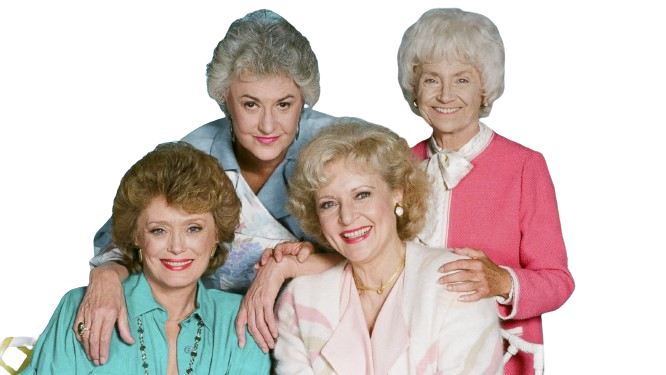 Four older women are posing for a picture together and smiling.