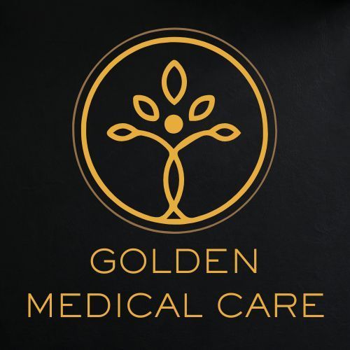 A logo for golden medical care with a tree in a circle