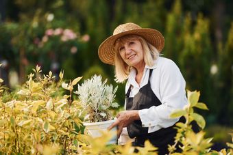 An elderly woman wearing a straw hat is holding a potted plant in a garden.