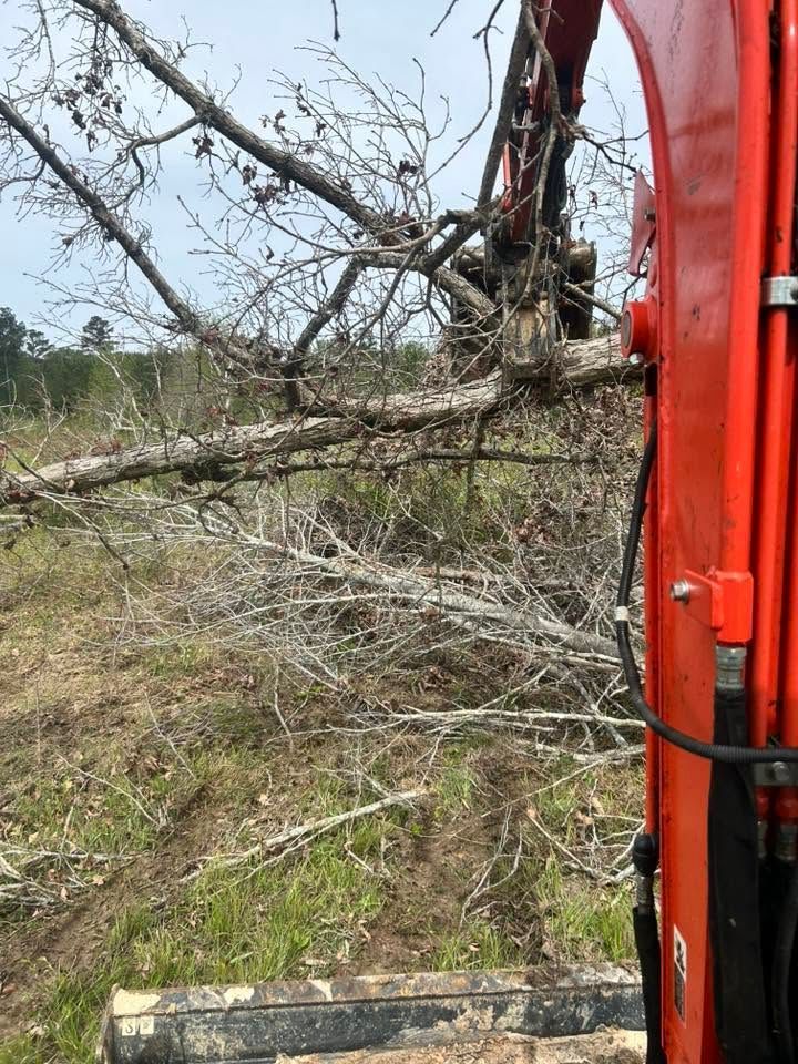 Red excavator arm clearing fallen tree branches in a field