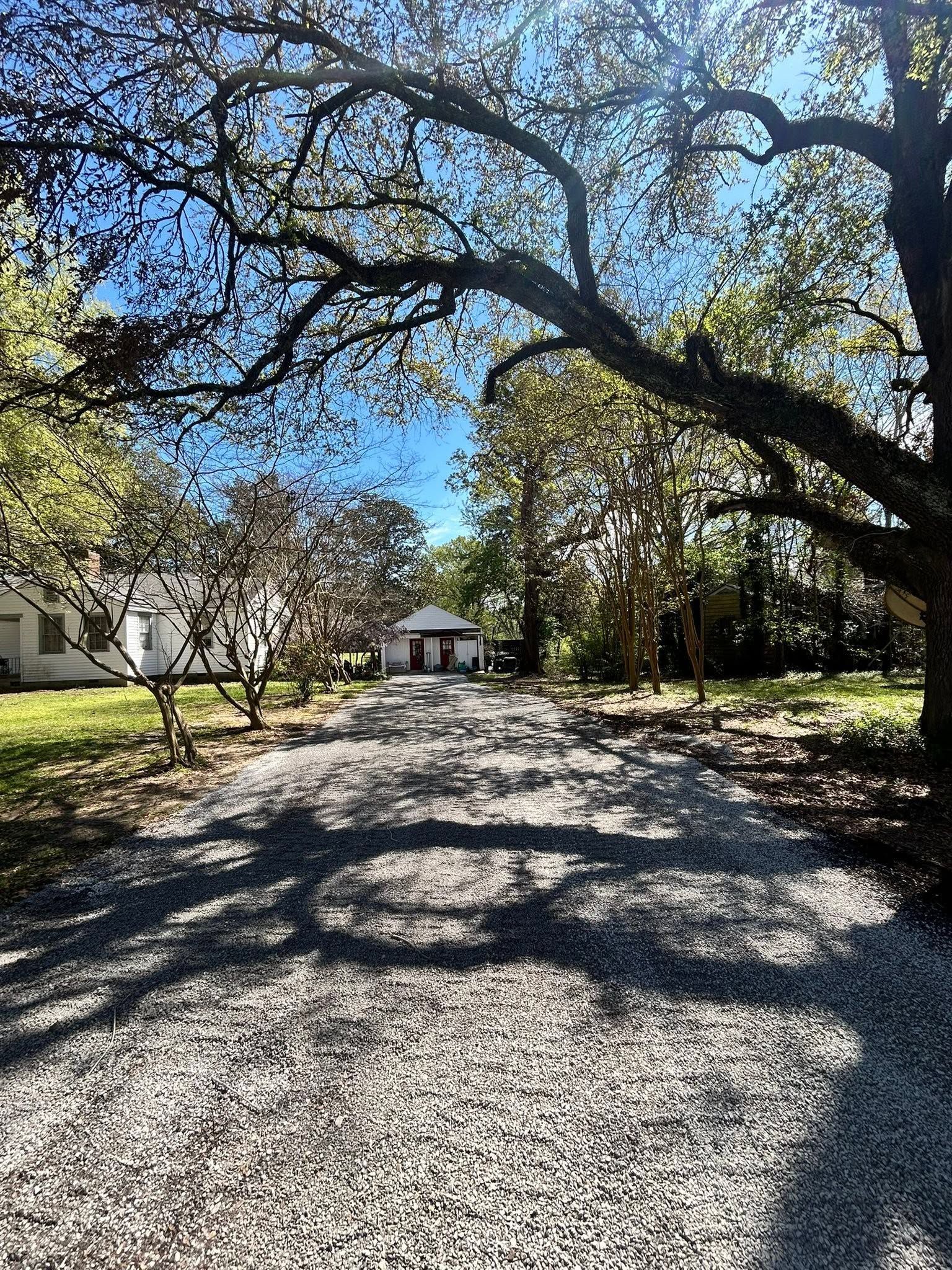 Gravel driveway lined with trees leading to a small white house under a blue sky.