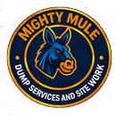 Mighty Mule dump services and site work logo with blue mule head on orange and navy circular badge