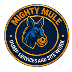 Mighty Mule dump services and site work logo with blue mule head on orange and navy circular badge