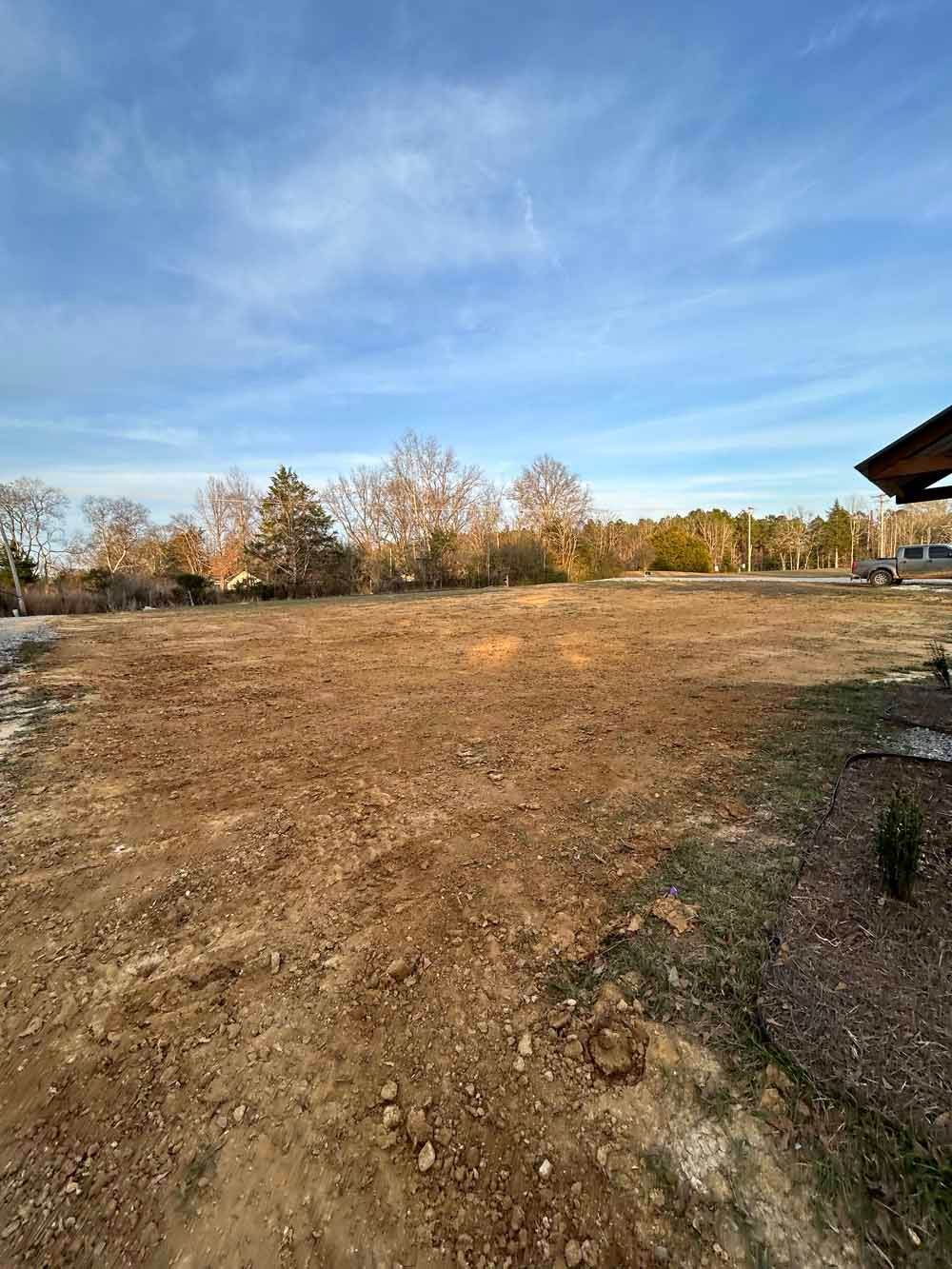 Rough dirt clearing with sparse trees under a blue sky, beside a building edge on the right.