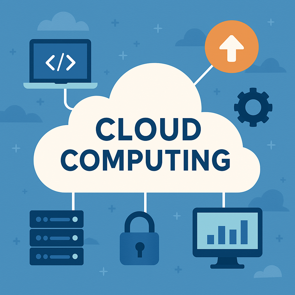 A cloud computing illustration with a laptop , computer , servers , and other icons.