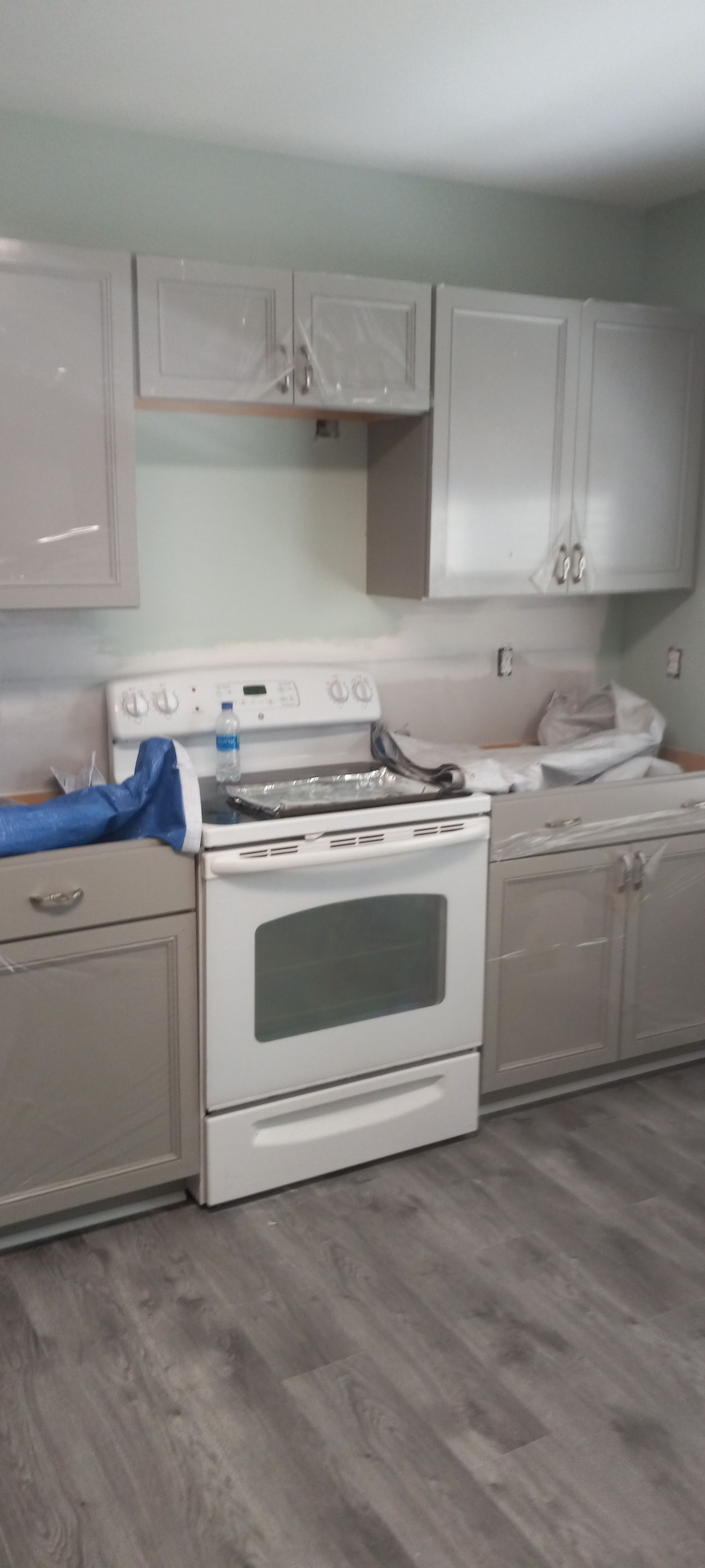 A kitchen area featuring gray cabinets, a white stove, and light-toned wood-look flooring.