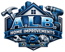 Logo for A.L.B. Home Improvements featuring tools, a house silhouette, and city buildings in blue tones on a shield shape.
