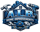 Logo for A.L.B. Home Improvements featuring tools, a house silhouette, and city buildings in blue tones on a shield shape.