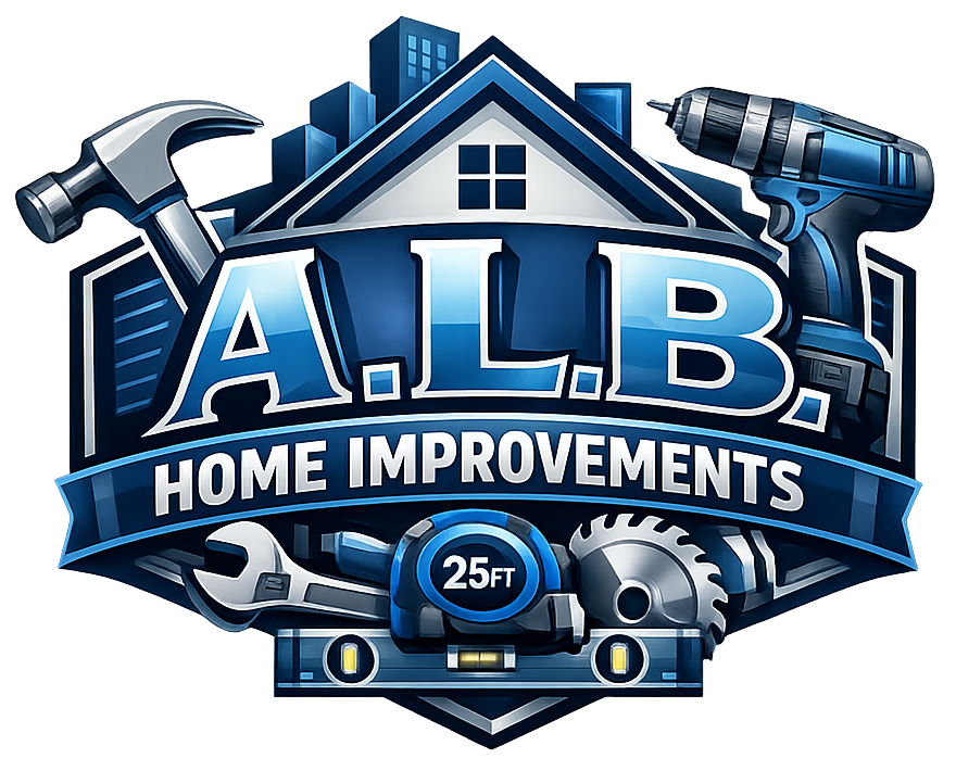 Logo for A.L.B. Home Improvements featuring tools, a house silhouette, and city buildings in blue tones on a shield shape.
