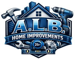 Logo for A.L.B. Home Improvements featuring tools, a house silhouette, and city buildings in blue tones on a shield shape.
