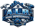 Logo for A.L.B. Home Improvements featuring tools, a house silhouette, and city buildings in blue tones on a shield shape.