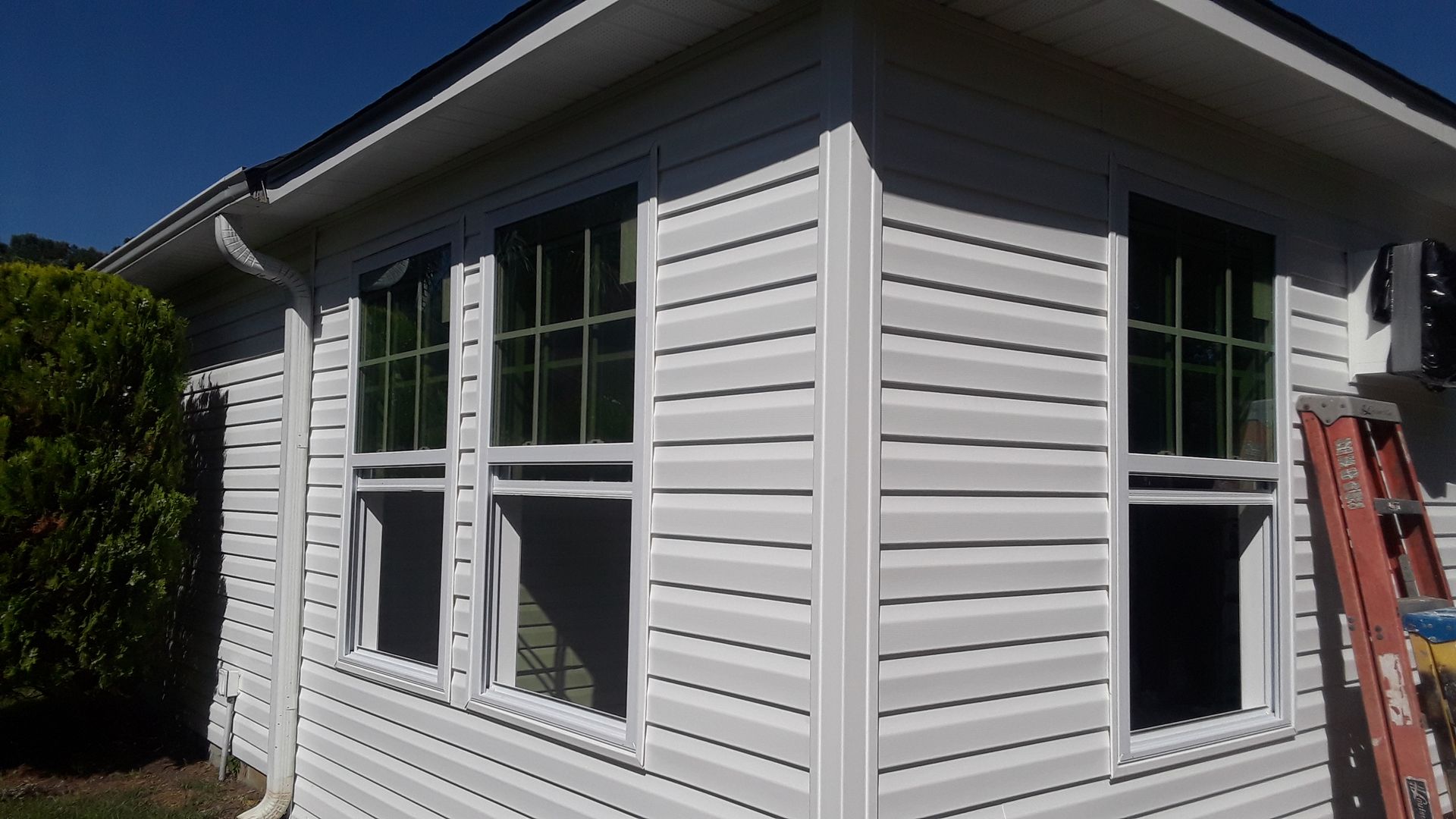 Corner of a white-sided house featuring three new windows with dark frames and an orange ladder leaning against the wall.