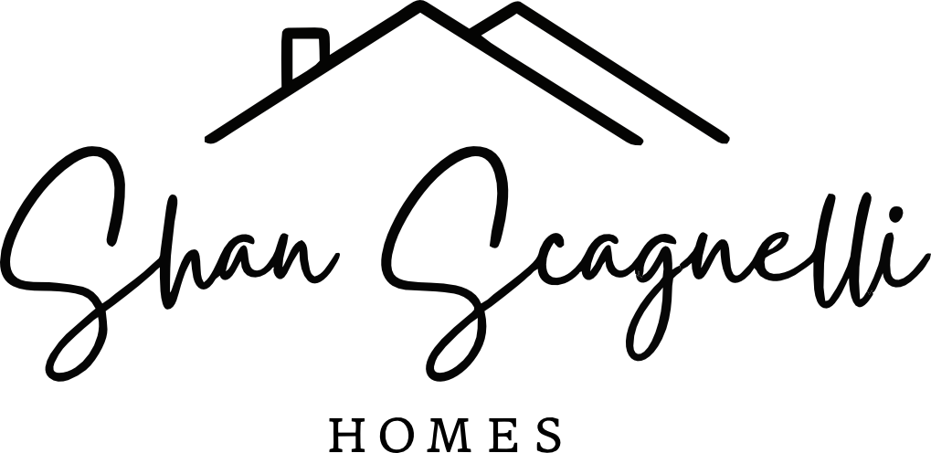 'Shan Scagnelli' in black cursive text with graphic of two roofs and chimney