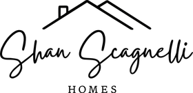 'Shan Scagnelli' in black cursive text with graphic of two roofs and chimney