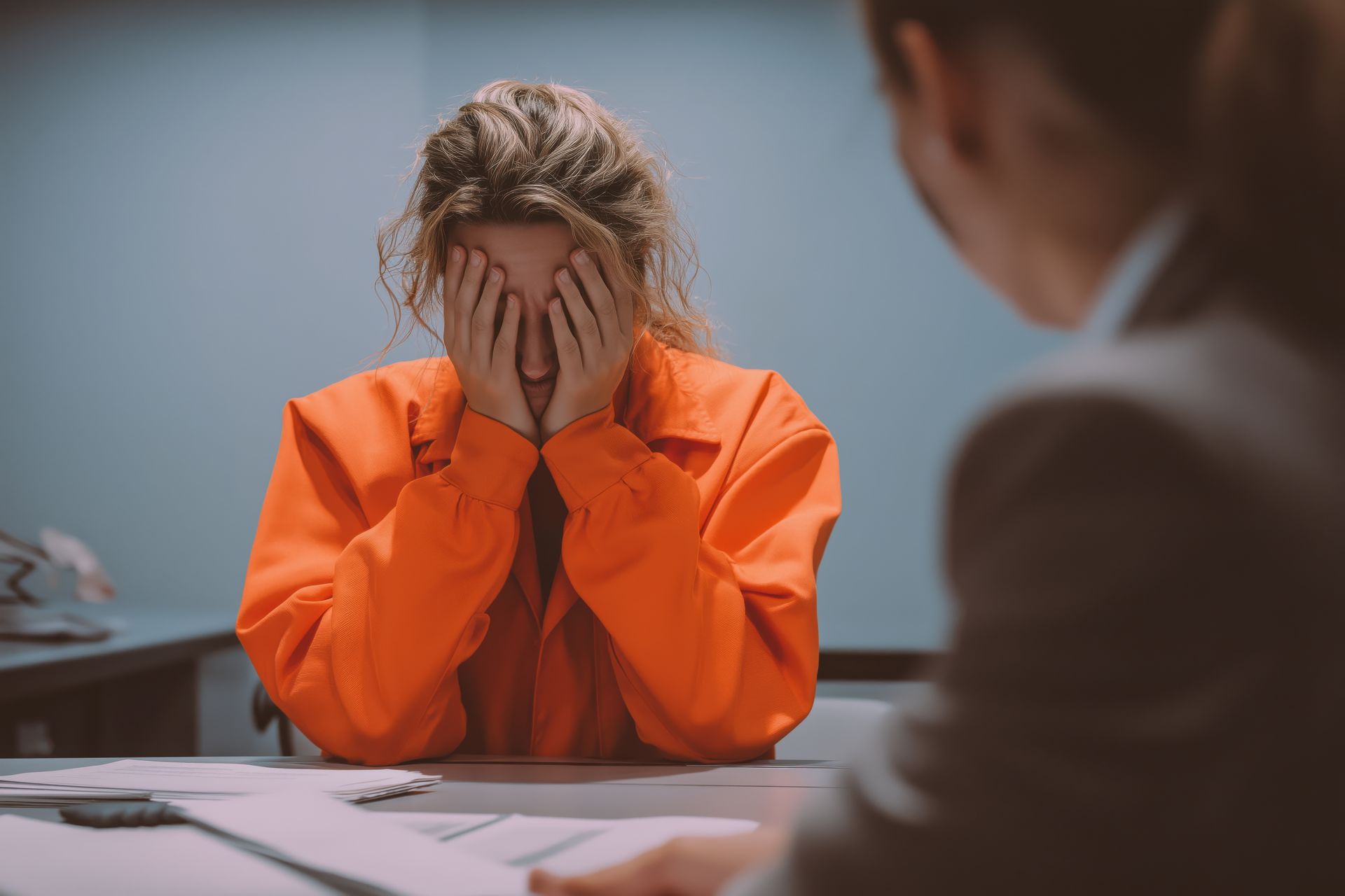 Woman in orange prison jumpsuit covers face at a table; another person in suit is seated across from her.