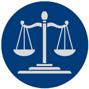 Scales of justice in white on a blue background, representing law and fairness.