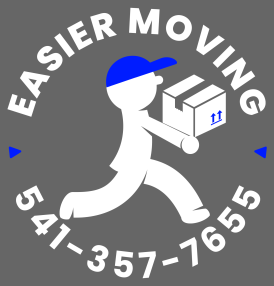 Logo for "Easier Moving" with a white figure in blue hat running and carrying a box, with phone number 541-357-7655.